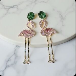 Pink and Green‎ Flamingo Earrings Rhinestone fashion jewelry
